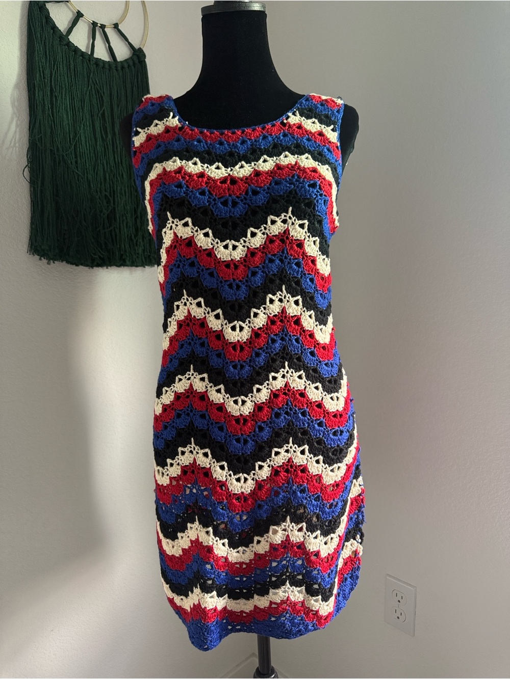 Vici Crochet Wave Tank Mini Dress in Blue, Red, Black & Cream - Picture 8 of 12